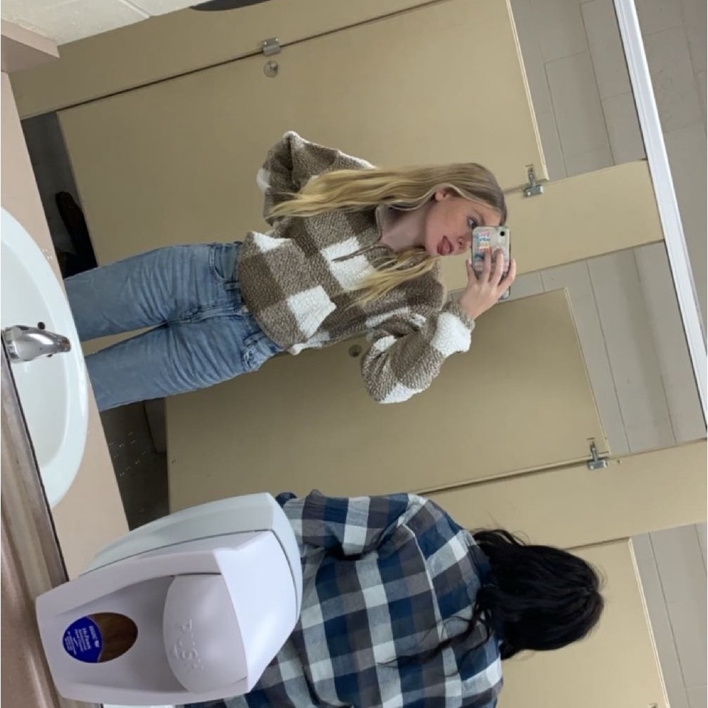 Brown and White Checkered Women's Sweater